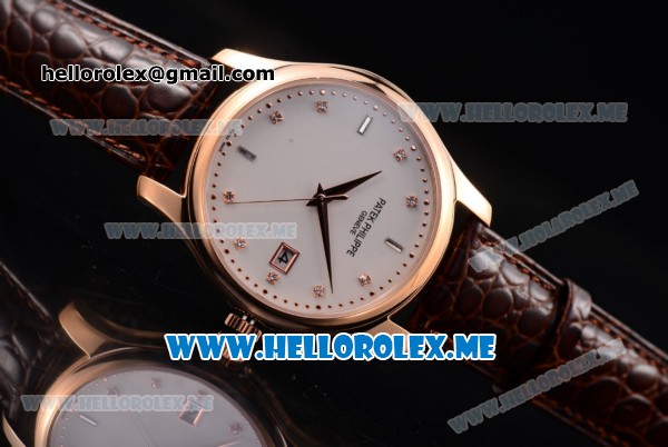 Patek Philippe Calatrava Miyota Quartz Rose Gold Case with White Dial and Brown Leather Strap Diamonds Markers - Click Image to Close
